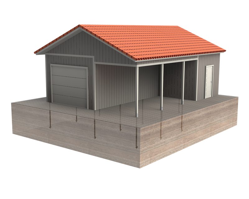 3D render of a garage structure on screw pile foundations